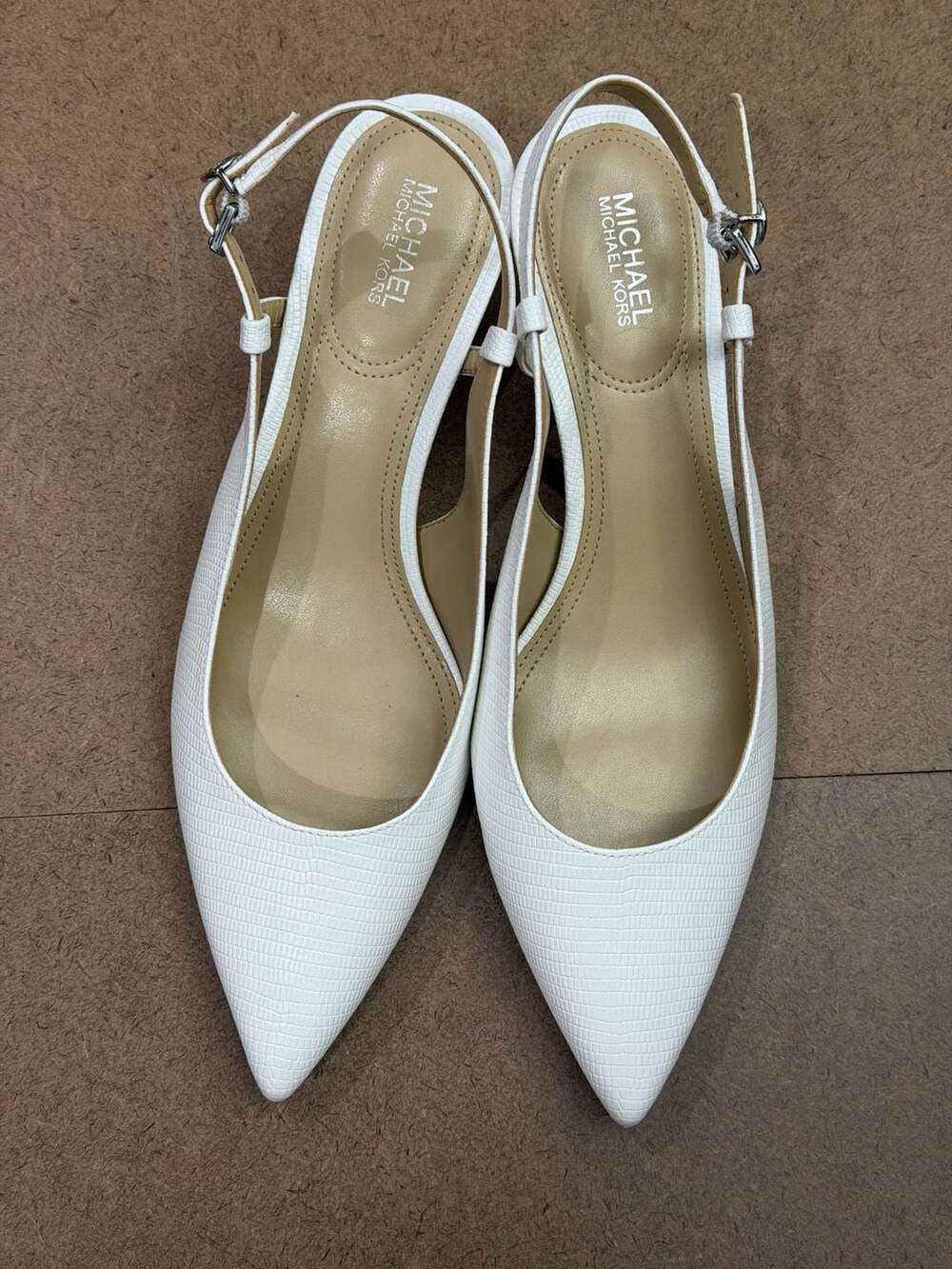 Michael Kors Pointed Toe Slingback Kitten Heels in Optic White Textured
